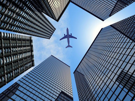 Airplane through buildings